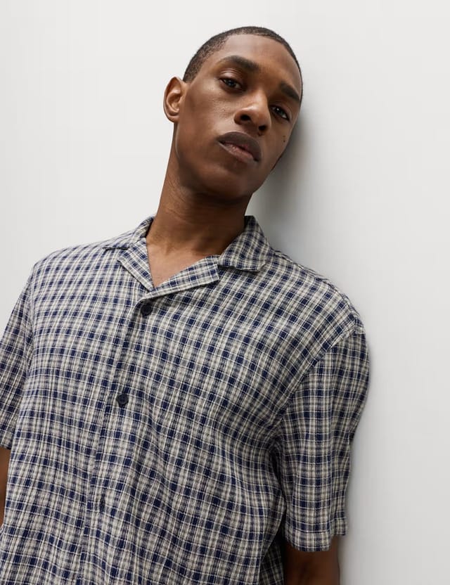 Marks & Spencer M&S Pure Cotton Checked Shirt Navy Mix - 3