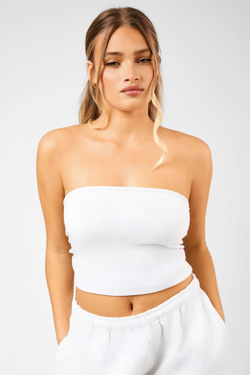 Kaiia Kaiia Script Logo Bandeau Crop Top Light Grey Marl