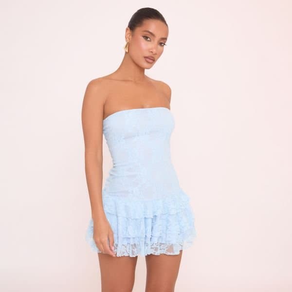 EGO Bandeau Frill Hem Mini Dress In Blue Lace, Women's Size UK 10