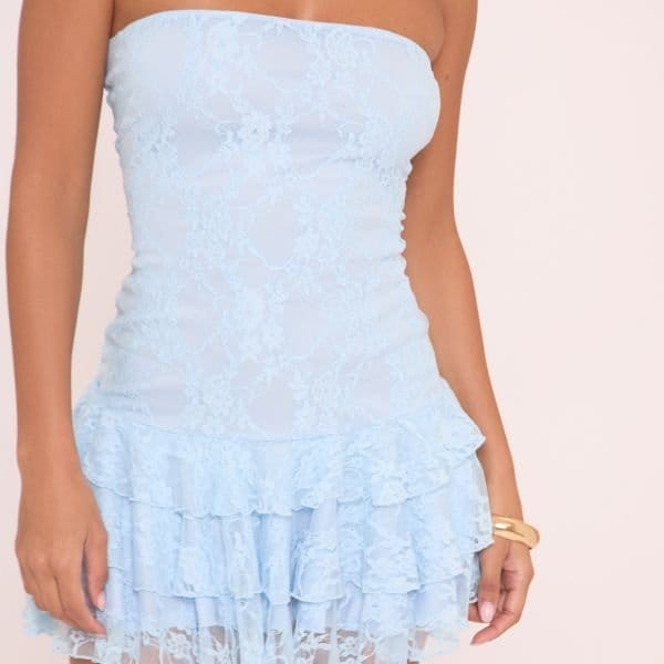 EGO Bandeau Frill Hem Mini Dress In Blue Lace, Women's Size UK 10 - 2