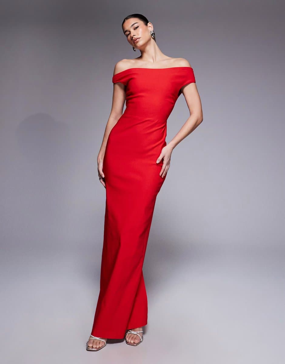ASOS Vesper bengaline off shoulder maxi dress in red