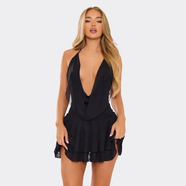EGO Halterneck Layered Hem Sheer Mini Dress In Black, Women's Size UK 6