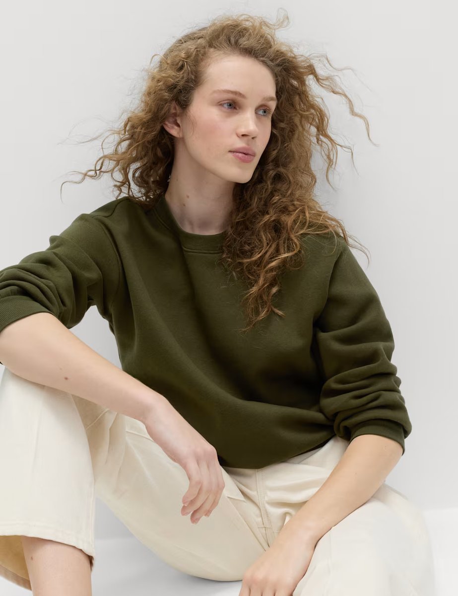 Marks & Spencer M&S Cotton Rich Crew Neck Sweatshirt Dark Khaki - 3