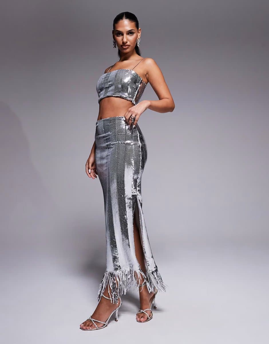 ASOS Vesper Sequin midaxi skirt in silver