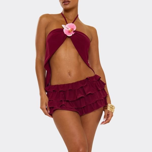 EGO Halterneck Split Front Flower Trim Crop Top In Burgundy, Women's Size UK 10 - 2