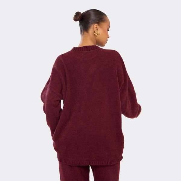 EGO Long Sleeve Oversized Jumper In Burgundy Boucle Knit, Women's Size UK Large L - 2