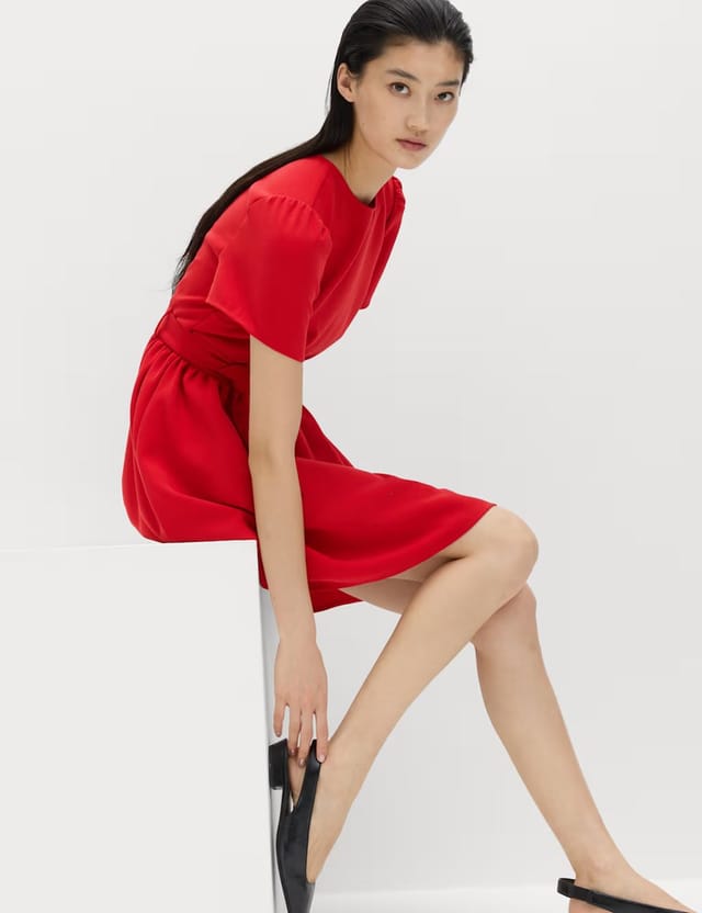 Marks & Spencer M&S Puff Sleeve Belted Mini Skater Dress Red - 3