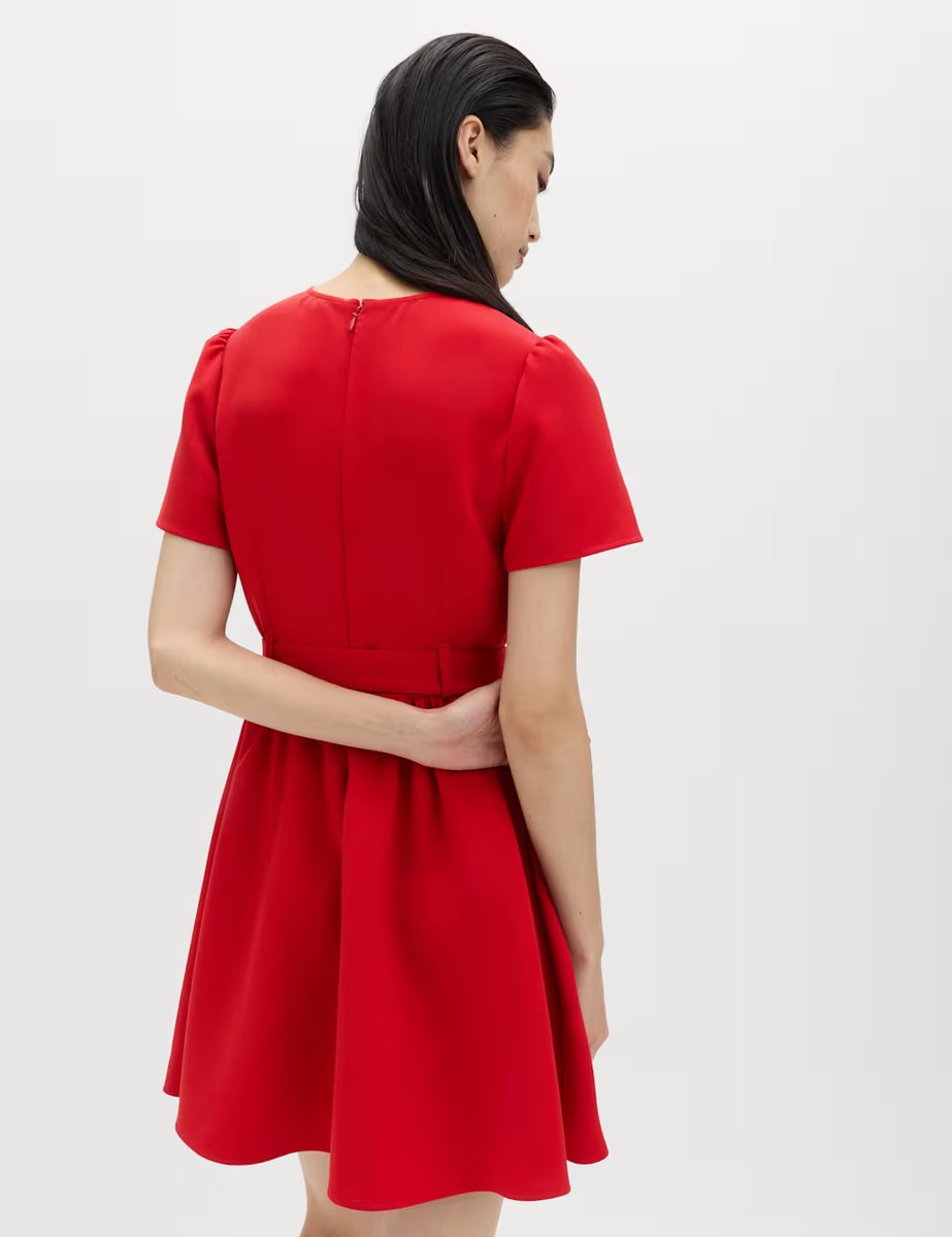 Marks & Spencer M&S Puff Sleeve Belted Mini Skater Dress Red - 4