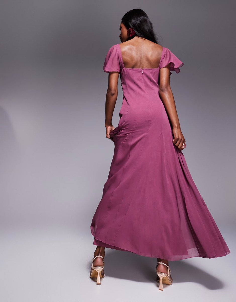 ASOS ASOS DESIGN ruched bust flutter sleeve midaxi dress with godets in orchid  - 4