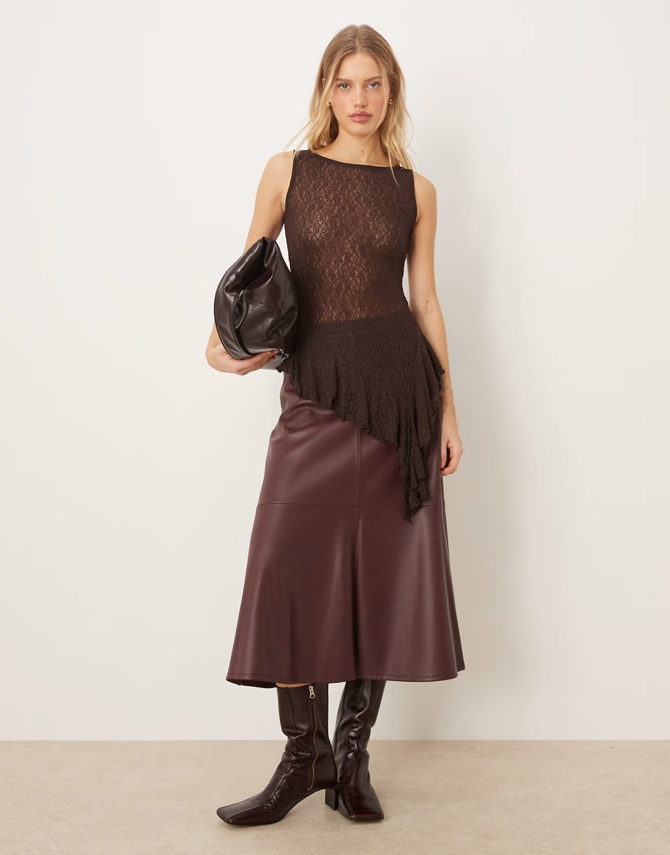 ASOS Gina Tricot asymmetric lace top in brown - 3