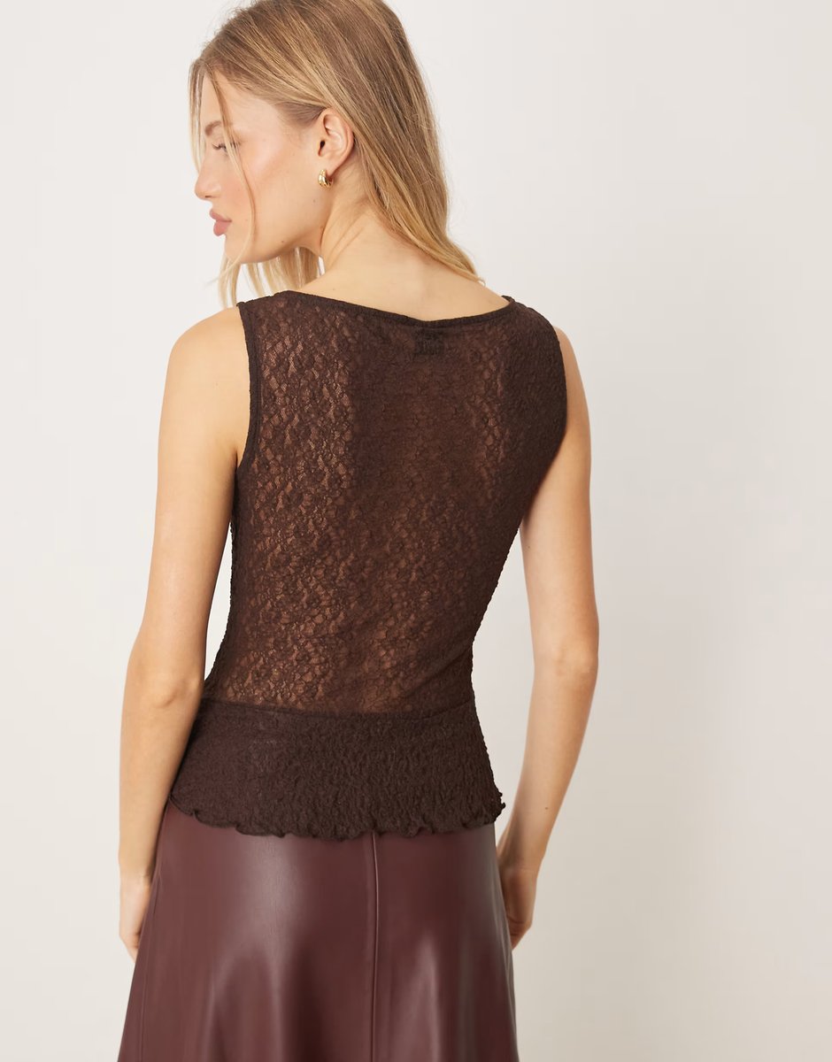 ASOS Gina Tricot asymmetric lace top in brown - 4