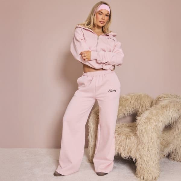 EGO Elasticated Waist Graphic Detail Wide Leg Joggers In Pink, Women's Size UK 6