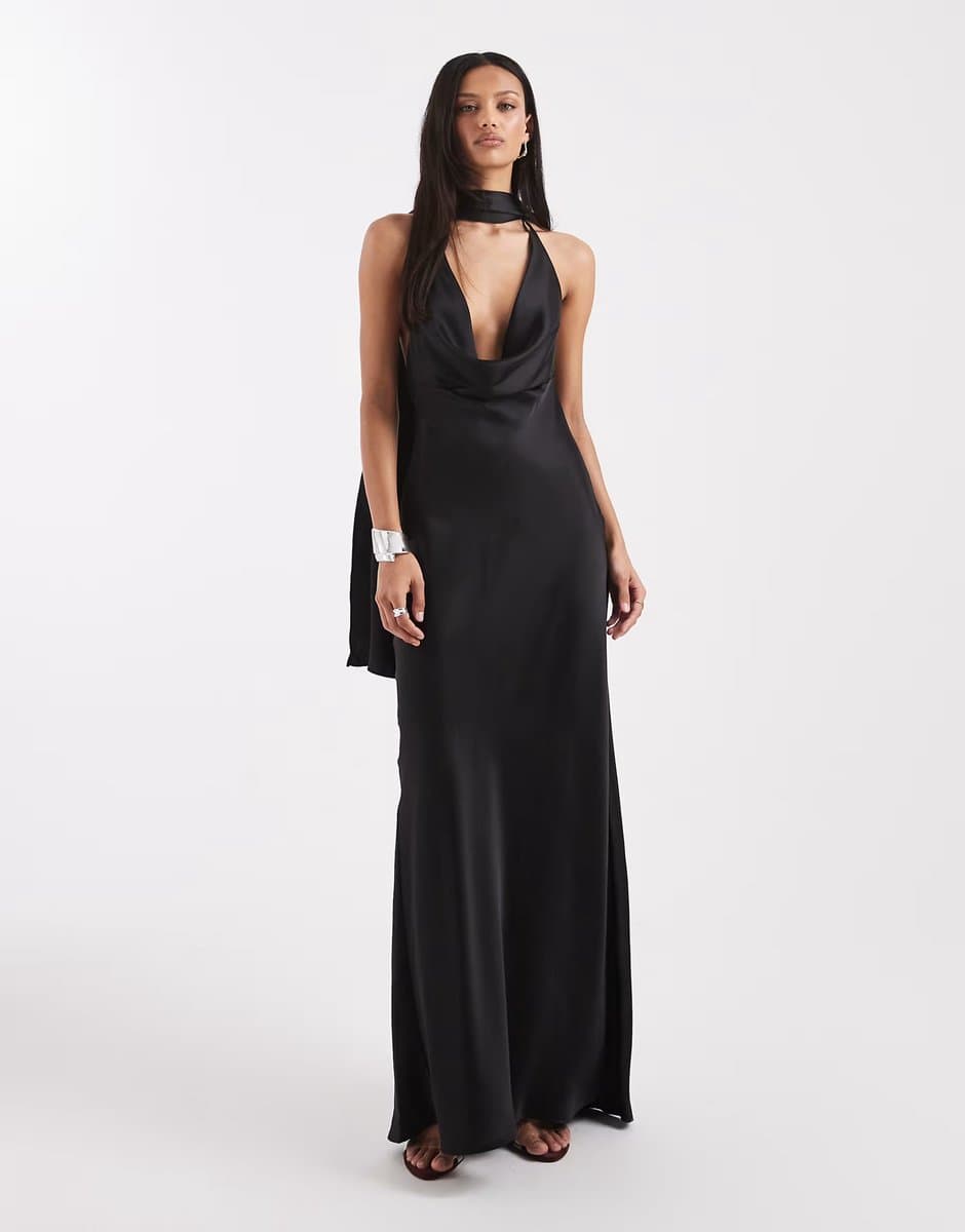 ASOS ASOS DESIGN satin scarf cowl neck maxi dress in black