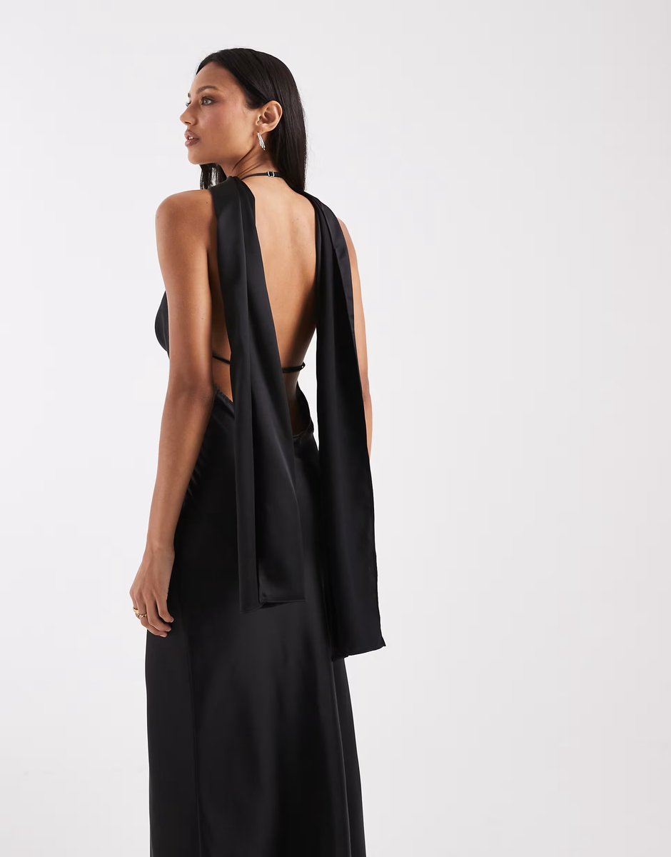 ASOS ASOS DESIGN satin scarf cowl neck maxi dress in black - 3
