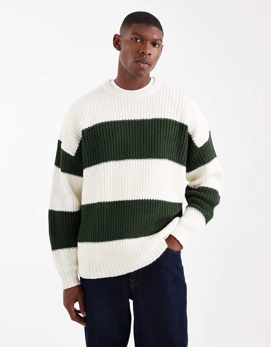 ASOS ASOS DESIGN oversized knitted crew neck jumper in green and ecru stripe