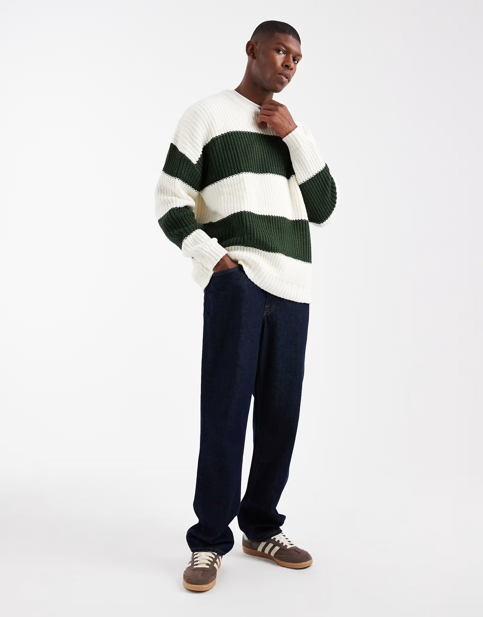 ASOS ASOS DESIGN oversized knitted crew neck jumper in green and ecru stripe - 2