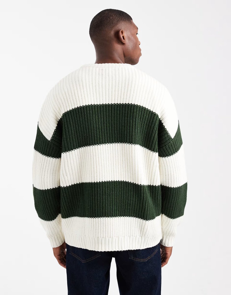 ASOS ASOS DESIGN oversized knitted crew neck jumper in green and ecru stripe - 3
