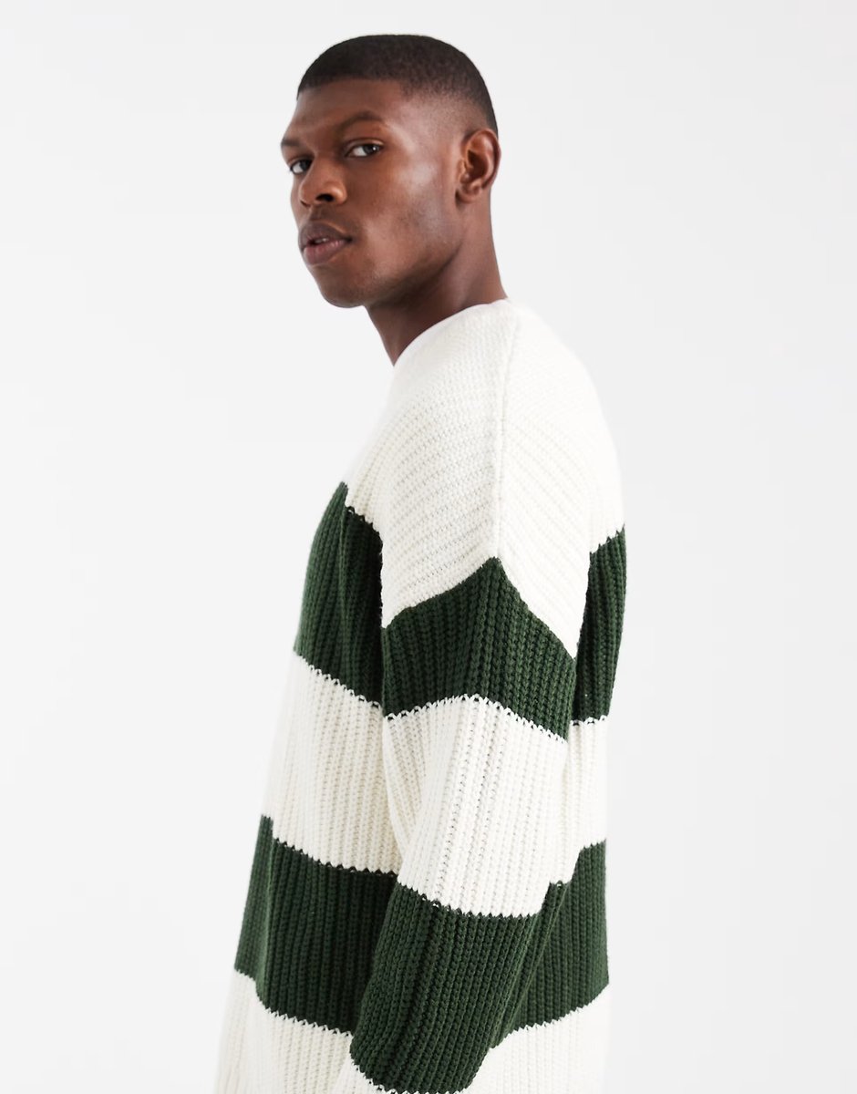 ASOS ASOS DESIGN oversized knitted crew neck jumper in green and ecru stripe - 4