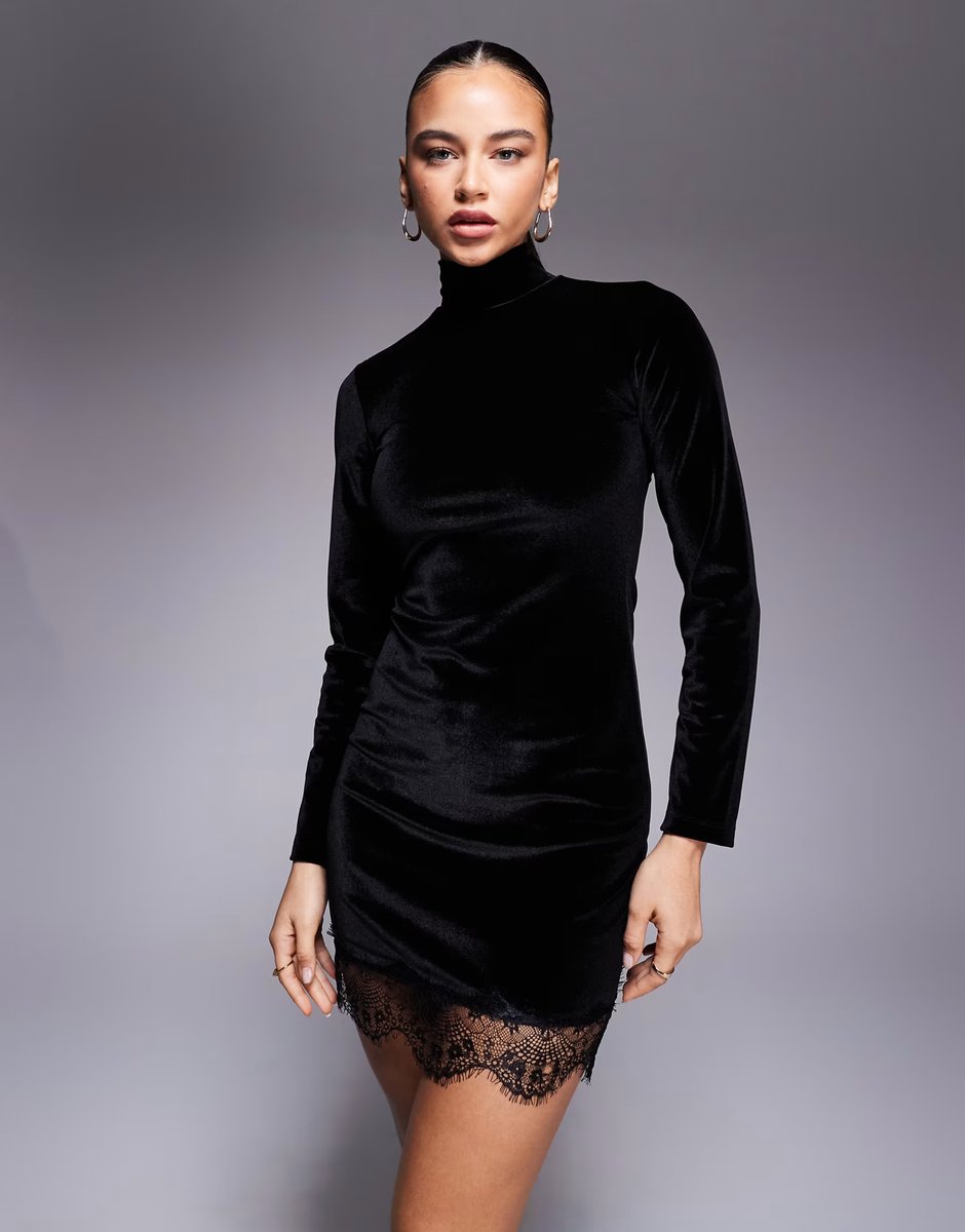 ASOS ASOS DESIGN velvet high neck mini dress with scallop lace deep hem detail in black - 3