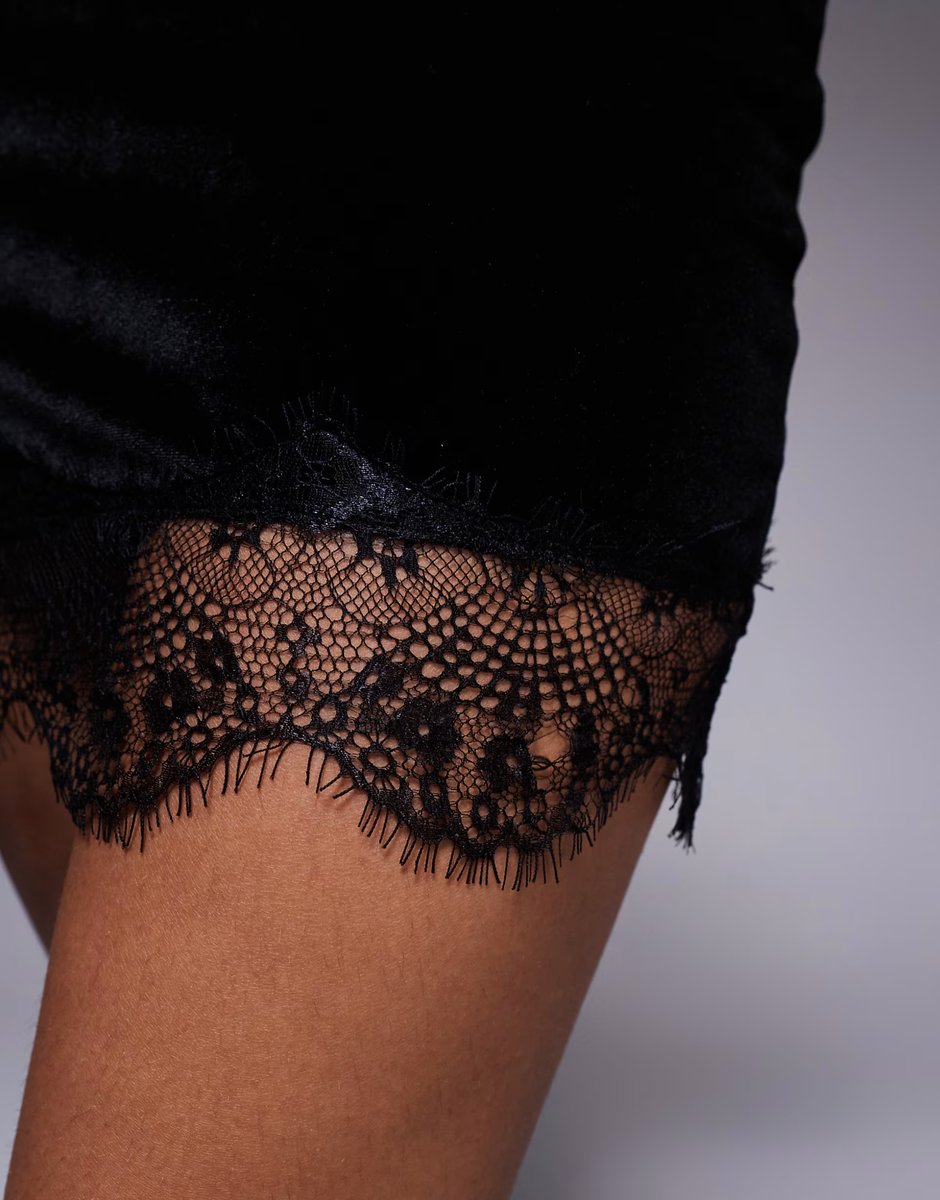 ASOS ASOS DESIGN velvet high neck mini dress with scallop lace deep hem detail in black - 4