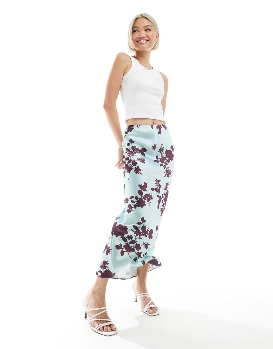 ASOS New Look floral satin midi skirt in blue