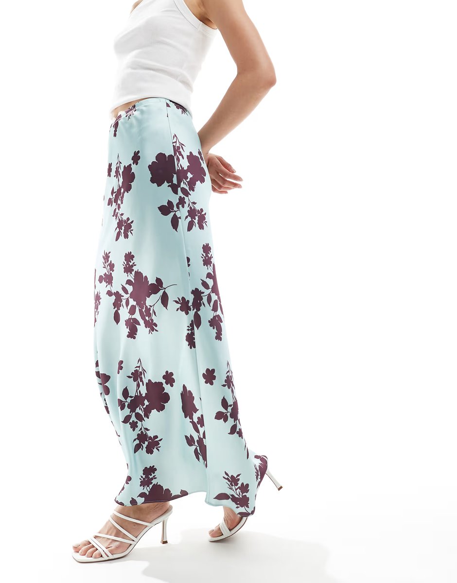 ASOS New Look floral satin midi skirt in blue - 2