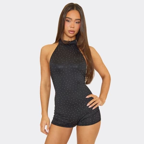 EGO High Neck Hotfix Diamante Playsuit In Black, Women's Size UK 12