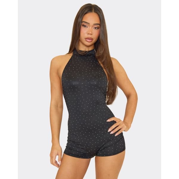 EGO High Neck Hotfix Diamante Playsuit In Black, Women's Size UK 12 - 2