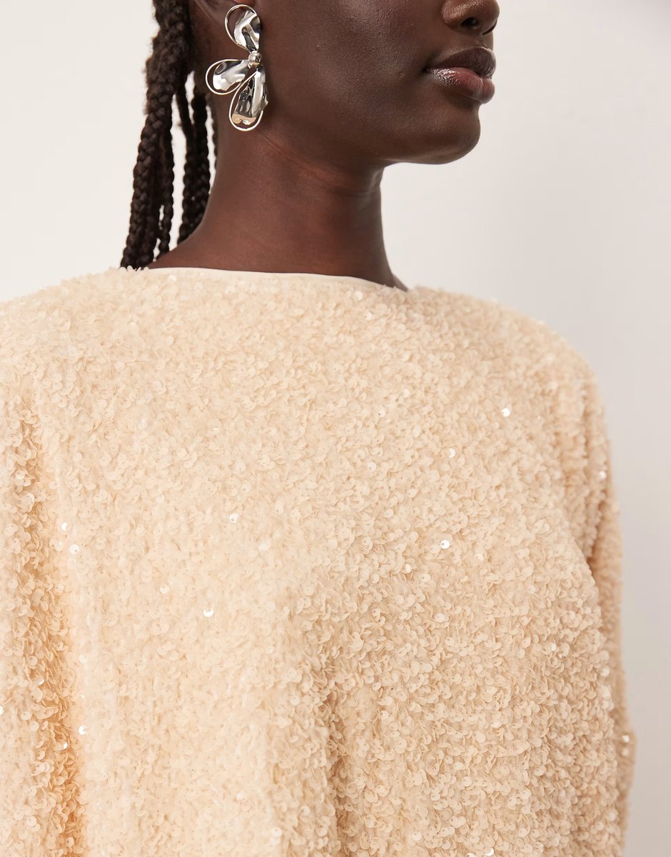 ASOS ARRANGE velvet allover sequin top co-ord in cream - 3