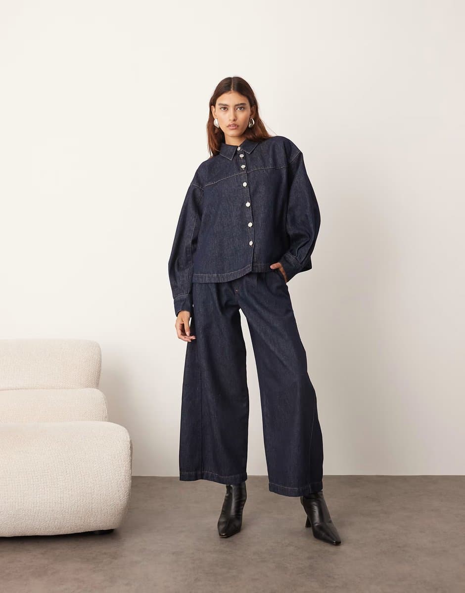 ASOS ARRANGE structured pleat detail wide leg denim barrel trouser co-ord in indigo