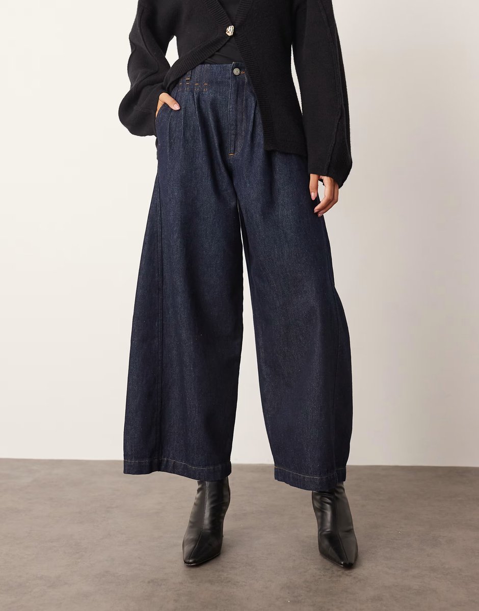 ASOS ARRANGE structured pleat detail wide leg denim barrel trouser co-ord in indigo - 4