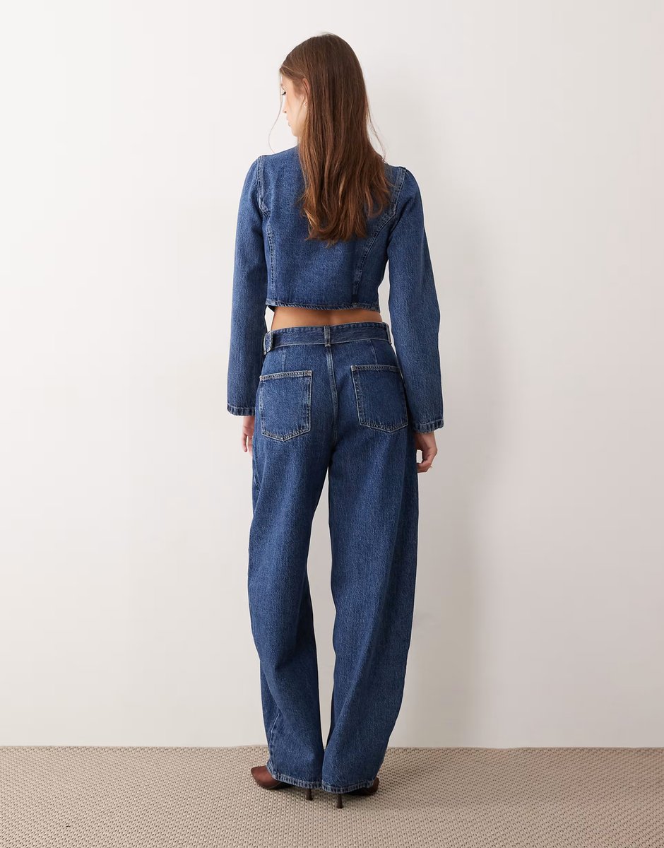 ASOS ASOS DESIGN barrel leg jeans in dark mid blue co-ord - 3