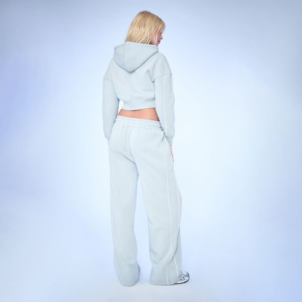 EGO Low Rise Drawstring Striped Ego Graphic Detail Wide Leg Joggers In Light Grey Marl, Women's Size UK 6 - 2