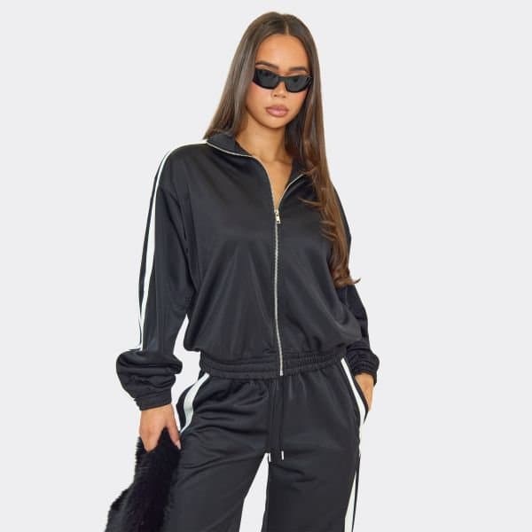 EGO Long Sleeve Contrast Side Stripe Track Jacket In Black, Women's Size UK 6