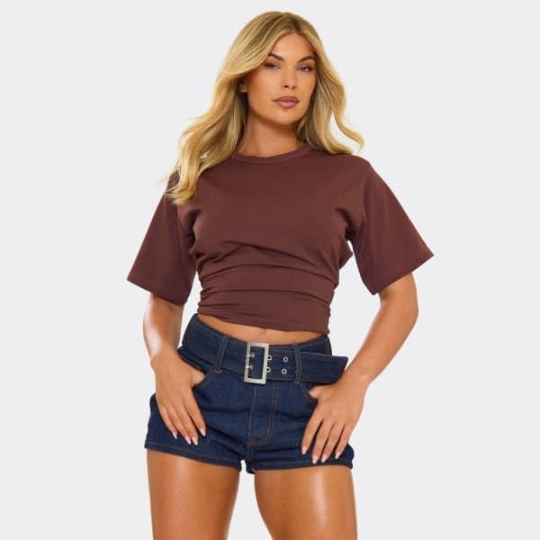 EGO Short Sleeve Cinched Waist Fitted T-Shirt In Brown, Women's Size UK 4