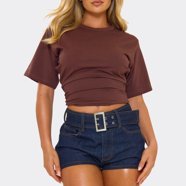EGO Short Sleeve Cinched Waist Fitted T-Shirt In Brown, Women's Size UK 4 - 2