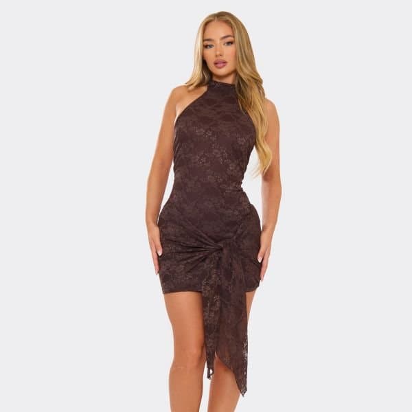 EGO High Neck Tie Front Detail Mini Dress In Chocolate Brown Lace, Women's Size UK 6
