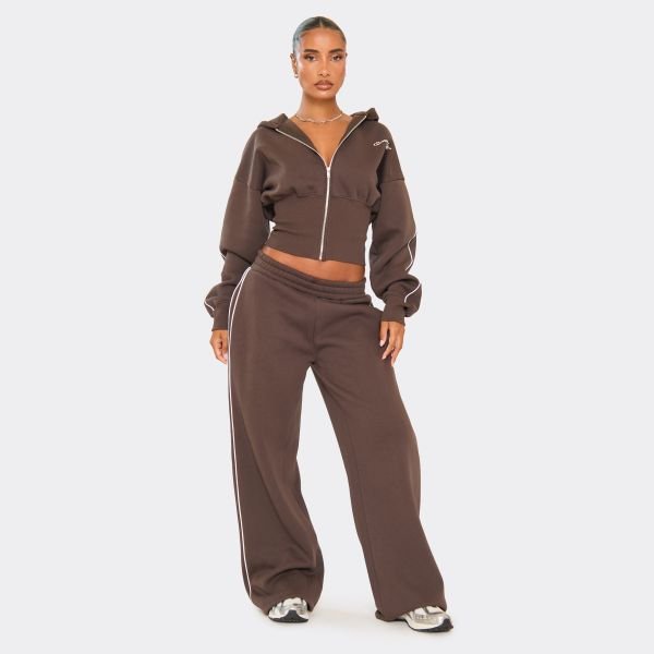 EGO Contrast Stripe Graphic Detail Wide Leg Joggers In Chocolate Brown, Women's Size UK 4 - 2