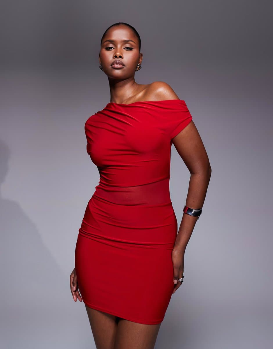 ASOS Kaiia exclusive double layered slinky drape off shoulder mesh panel mini dress in red