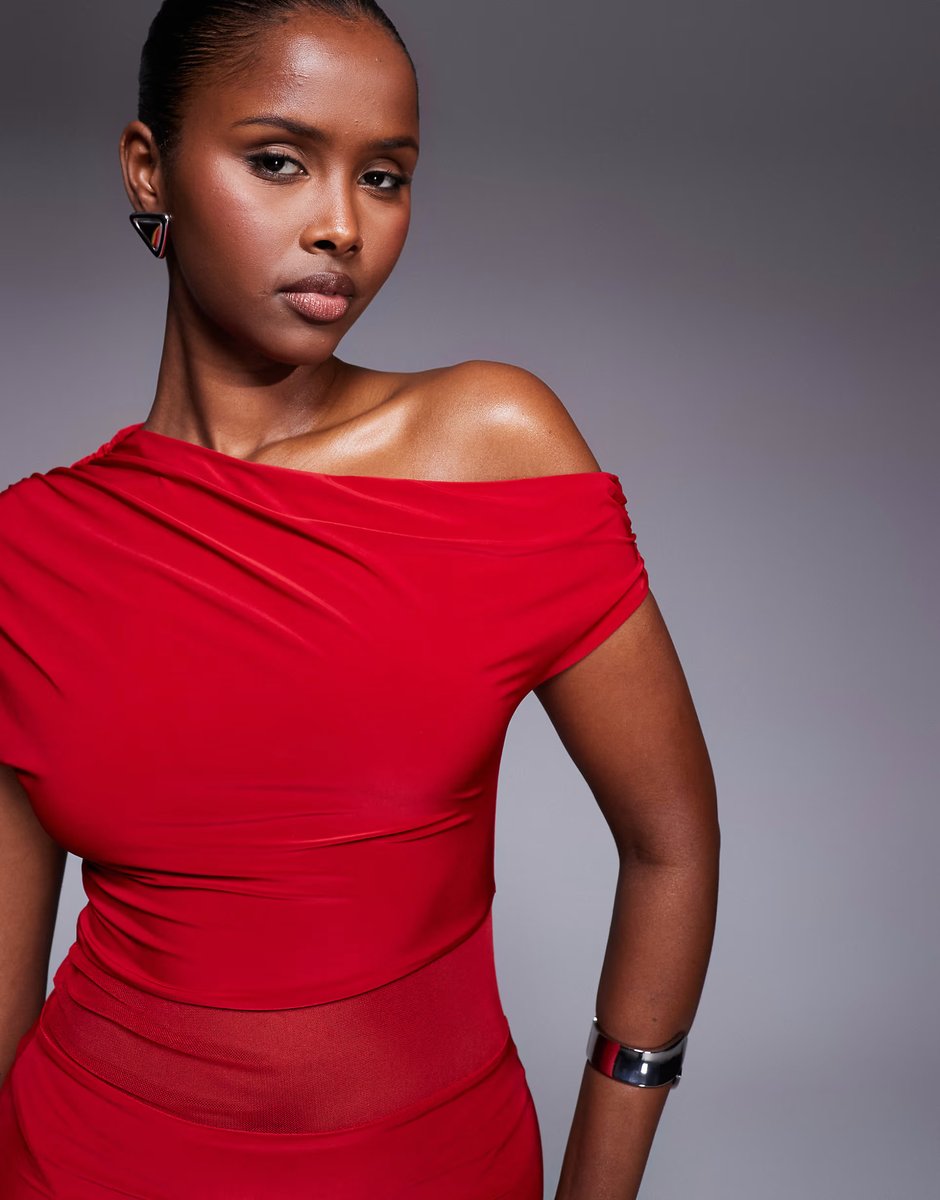 ASOS Kaiia exclusive double layered slinky drape off shoulder mesh panel mini dress in red - 4