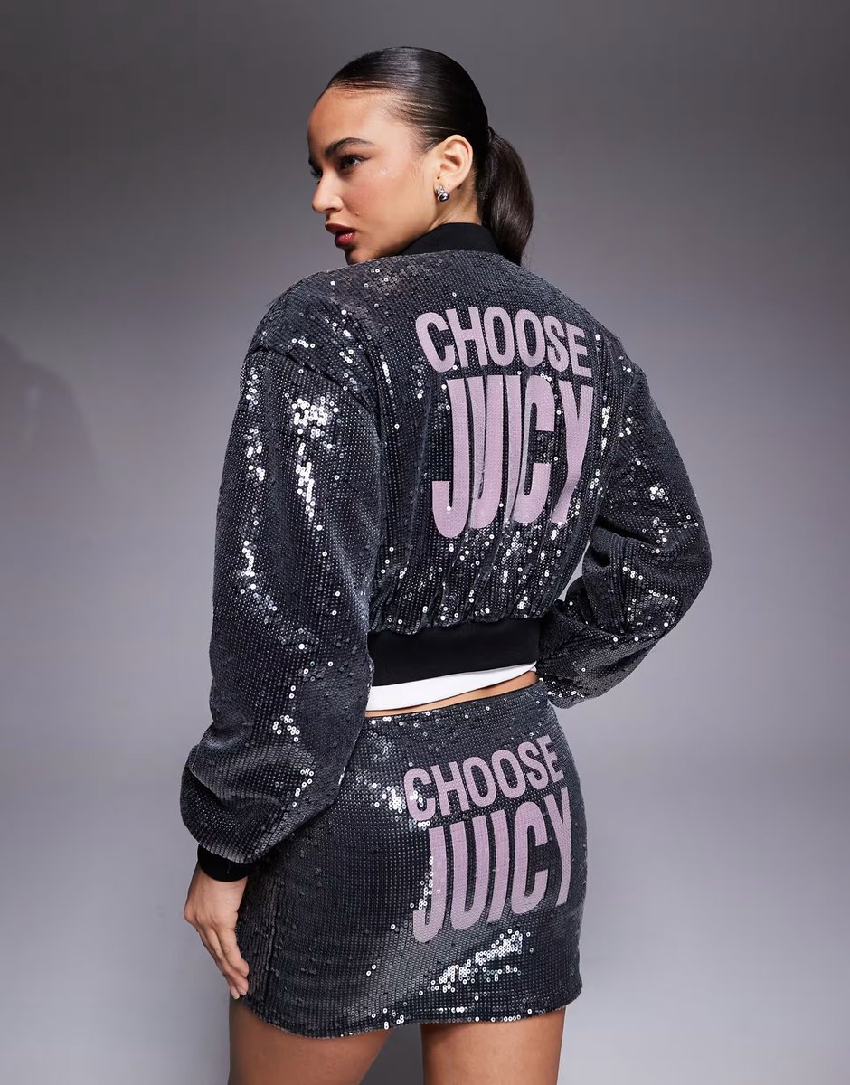 ASOS Juicy Couture logo sequin bomber mini co-ord in black - 2