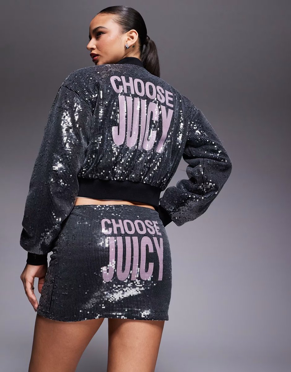 ASOS Juicy Couture logo sequin bomber mini co-ord in black - 3