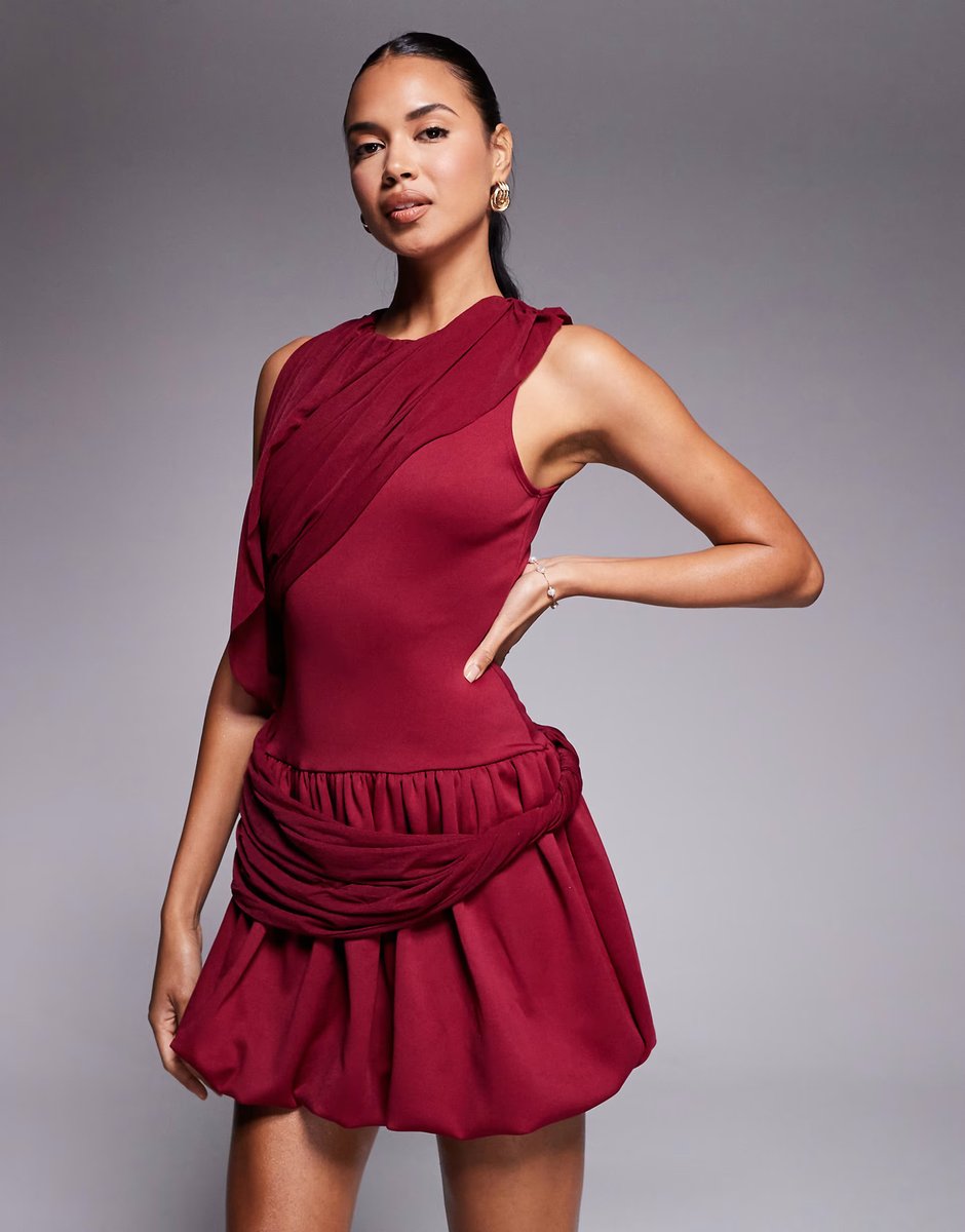 ASOS ASOS DESIGN drape shoulder mini dress with puff skirt in burgundy - 3