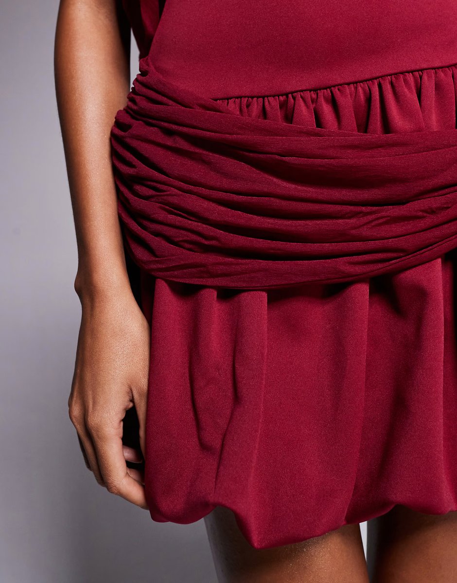 ASOS ASOS DESIGN drape shoulder mini dress with puff skirt in burgundy - 4