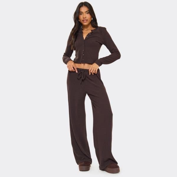 EGO Low Rise Wide Leg Trousers In Chocolate Brown Ribbed, Women's Size UK 6