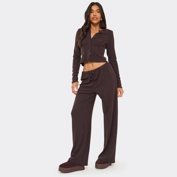 EGO Low Rise Wide Leg Trousers In Chocolate Brown Ribbed, Women's Size UK 6 - 2