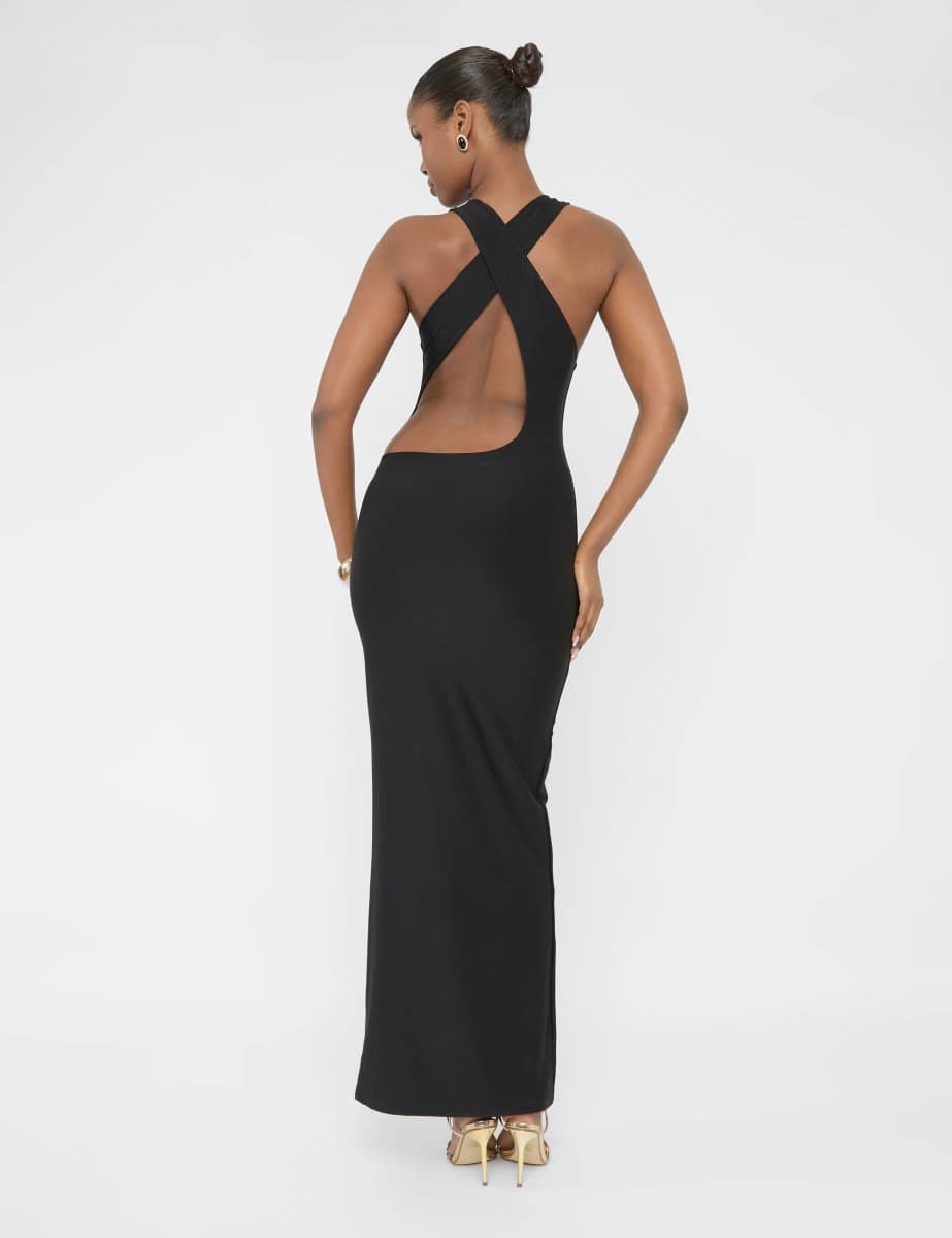 Public Desire Cross Over Back Detail Luxe Slinky Maxi Dress Black