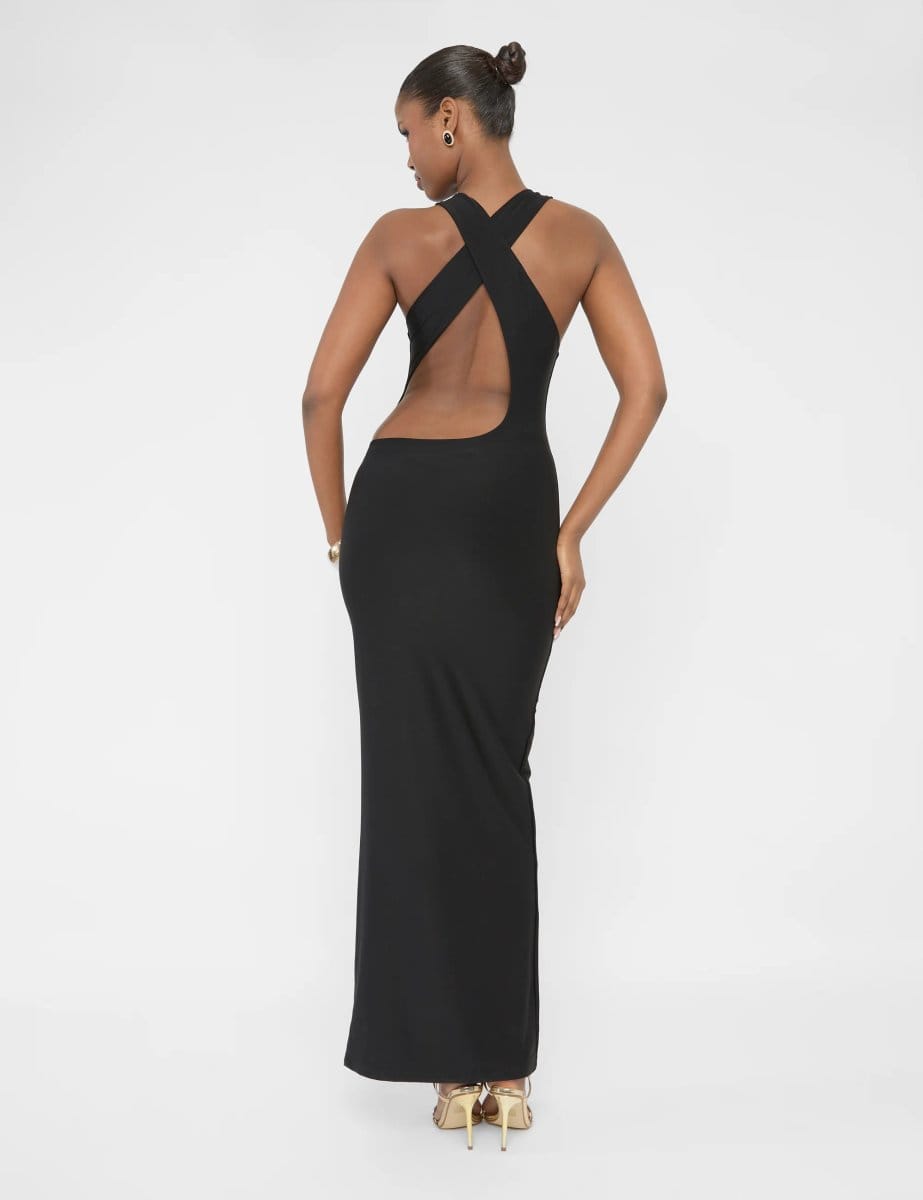 Public Desire Cross Over Back Detail Luxe Slinky Maxi Dress Black - 1