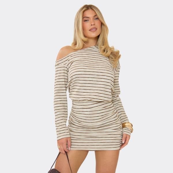 EGO Long Sleeve Asymmetric Neck Slouchy Detail Mini Dress In Cream Stripe, Women's Size UK 6