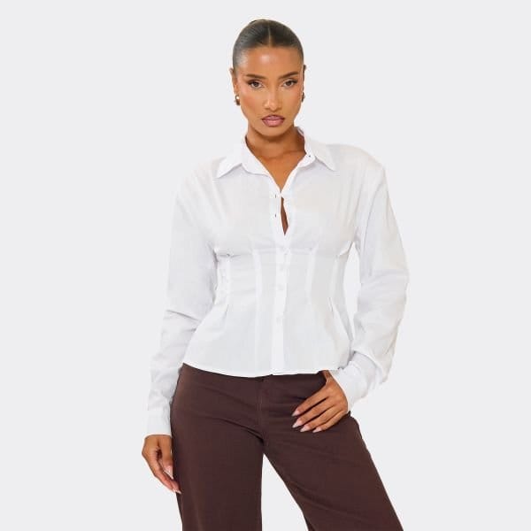 EGO Long Sleeve Shoulder Pad Cinched Waist Detail Shirt In White, Women's Size UK 6 - 1